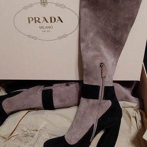 Prada knee high suede heeled boots